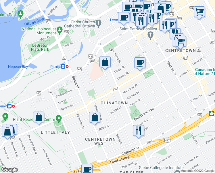 map of restaurants, bars, coffee shops, grocery stores, and more near in Ottawa