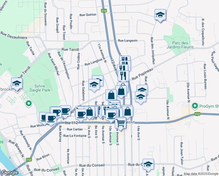 map of restaurants, bars, coffee shops, grocery stores, and more near 260 10e Avenue Nord in Sherbrooke
