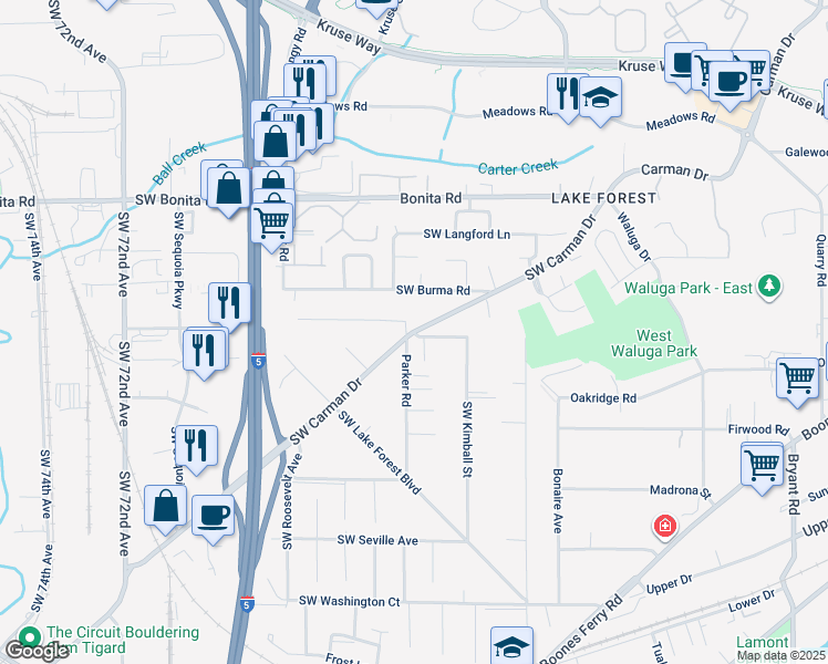 map of restaurants, bars, coffee shops, grocery stores, and more near Carman Dr & SW Baleine St in Clackamas