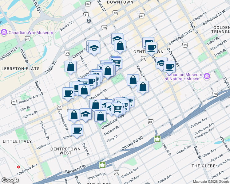 map of restaurants, bars, coffee shops, grocery stores, and more near 595 Gilmour Street in Ottawa