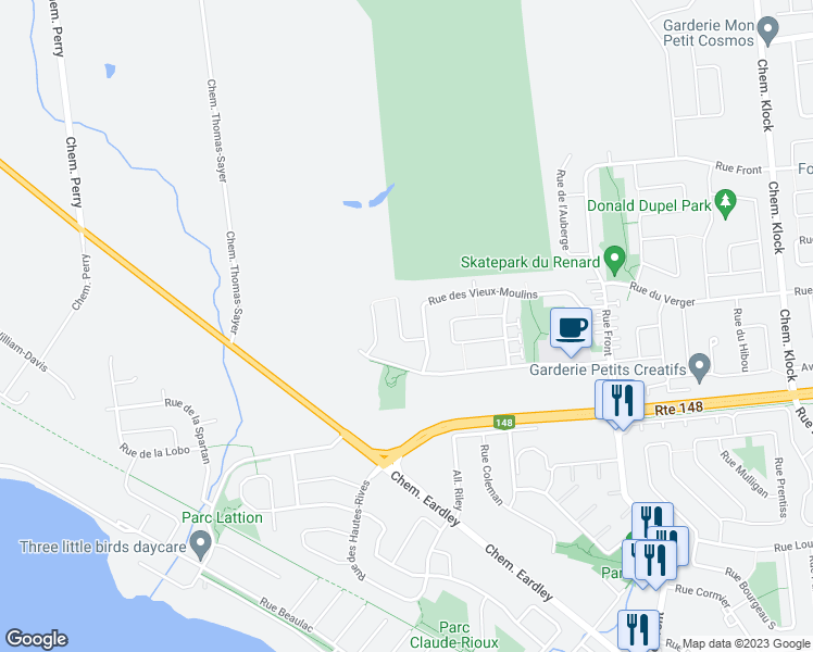 map of restaurants, bars, coffee shops, grocery stores, and more near 43 Rue des Alluchons in Gatineau
