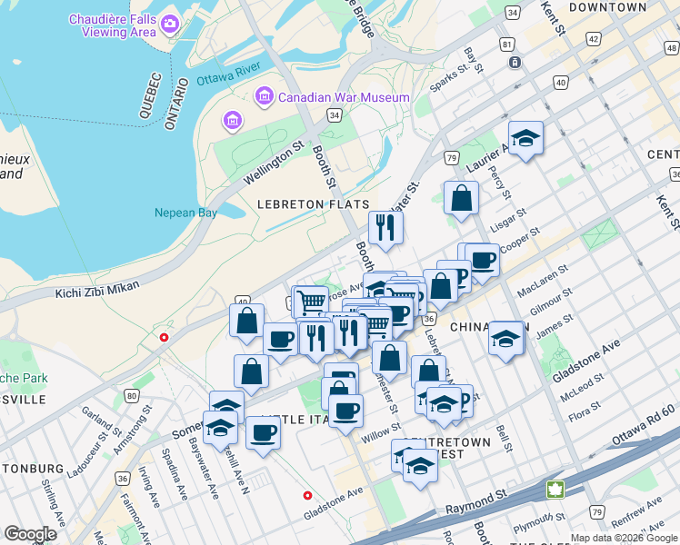 map of restaurants, bars, coffee shops, grocery stores, and more near 33 Rochester Street in Ottawa