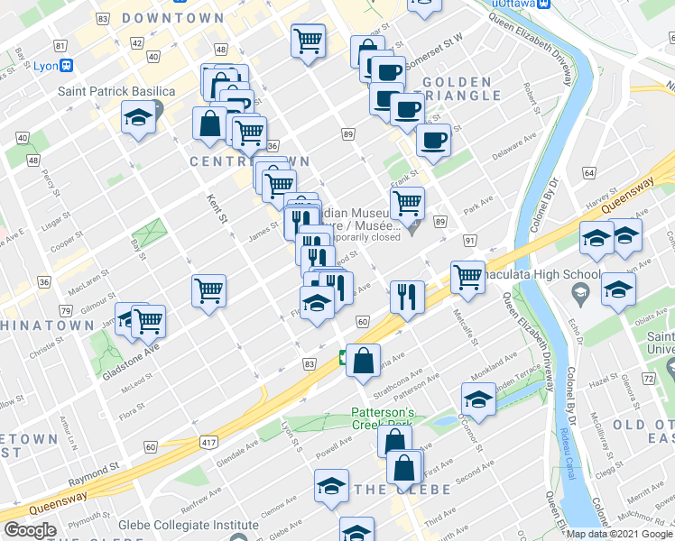 map of restaurants, bars, coffee shops, grocery stores, and more near in Ottawa