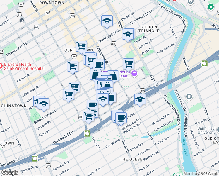 map of restaurants, bars, coffee shops, grocery stores, and more near 340 McLeod Street in Ottawa