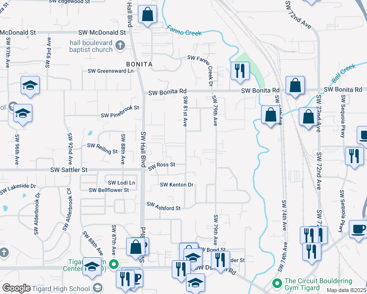 map of restaurants, bars, coffee shops, grocery stores, and more near 8145 Southwest Ross Street in Tigard