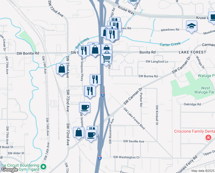 map of restaurants, bars, coffee shops, grocery stores, and more near 15573 Bangy Road in Lake Oswego