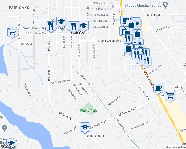 map of restaurants, bars, coffee shops, grocery stores, and more near 15411 Southeast Linden Lane in Milwaukie