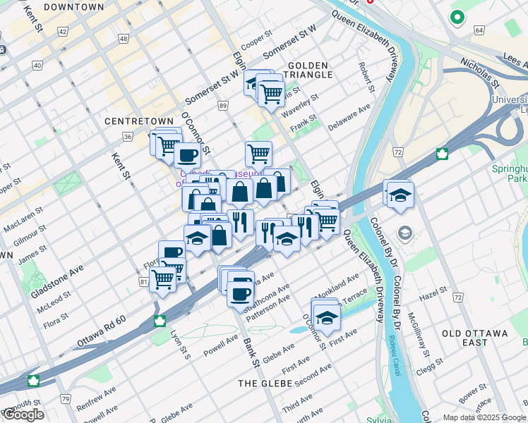 map of restaurants, bars, coffee shops, grocery stores, and more near 102 Argyle Avenue in Ottawa