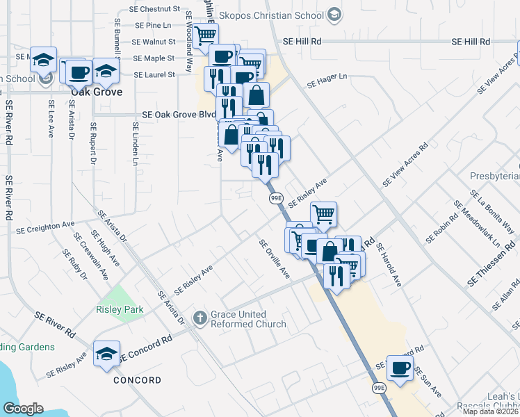 map of restaurants, bars, coffee shops, grocery stores, and more near 3220 Southeast Risley Avenue in Oak Grove