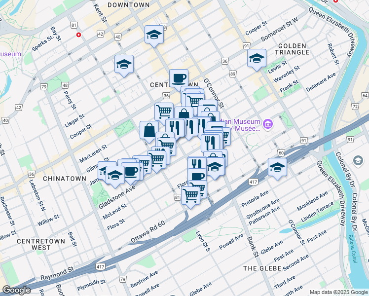 map of restaurants, bars, coffee shops, grocery stores, and more near 450 Gladstone Avenue in Ottawa