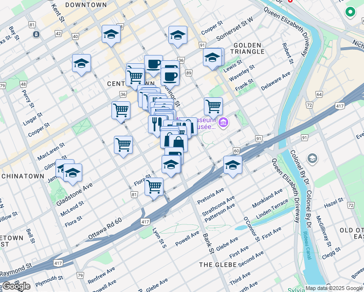 map of restaurants, bars, coffee shops, grocery stores, and more near 340 McLeod Street in Ottawa