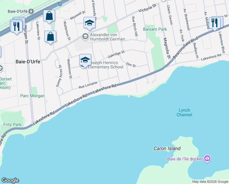 map of restaurants, bars, coffee shops, grocery stores, and more near 20154 Chemin Lakeshore in Baie-d'Urfé