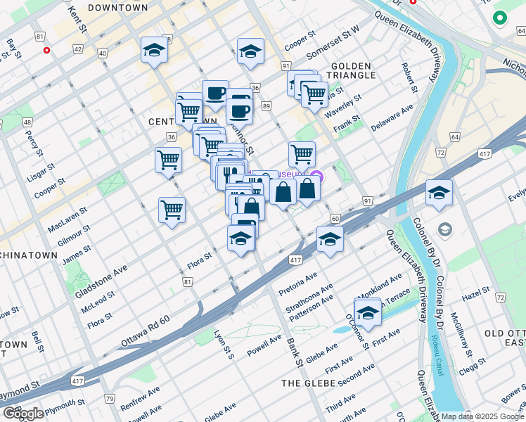 map of restaurants, bars, coffee shops, grocery stores, and more near 330 McLeod Street in Ottawa