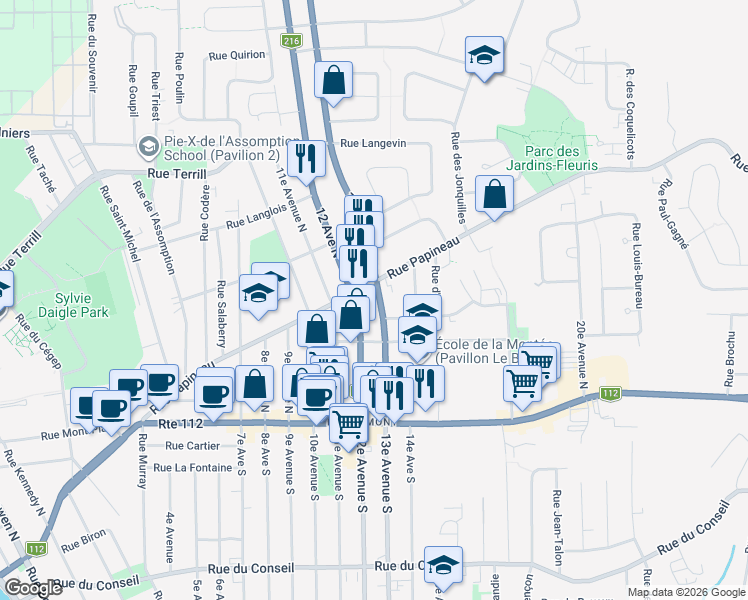 map of restaurants, bars, coffee shops, grocery stores, and more near 215 13e Avenue Nord in Sherbrooke