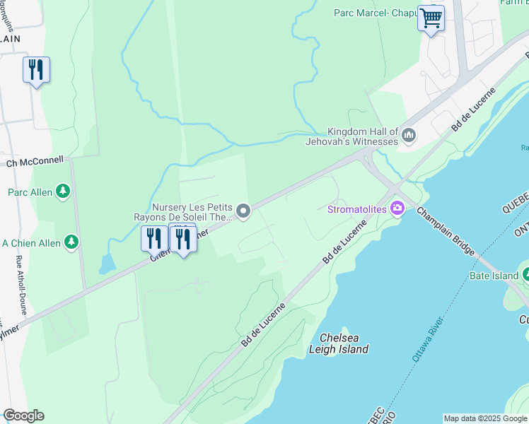map of restaurants, bars, coffee shops, grocery stores, and more near 25 Rue d'Augusta in Gatineau