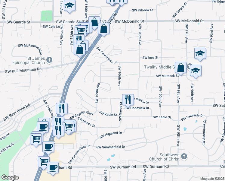 map of restaurants, bars, coffee shops, grocery stores, and more near 14866 Southwest 109th Avenue in Tigard