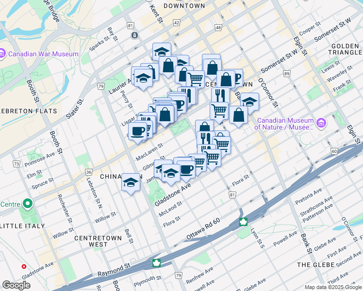 map of restaurants, bars, coffee shops, grocery stores, and more near 567 Gilmour Street in Ottawa