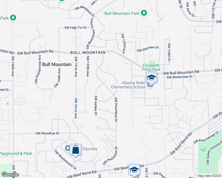 map of restaurants, bars, coffee shops, grocery stores, and more near 14940 Southwest Peachtree Drive in Tigard