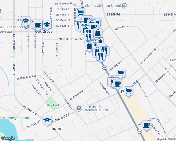 map of restaurants, bars, coffee shops, grocery stores, and more near 15211 Southeast East Avenue in Milwaukie