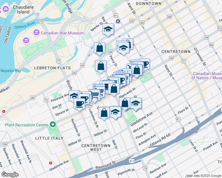 map of restaurants, bars, coffee shops, grocery stores, and more near 272 Bronson Avenue in Ottawa