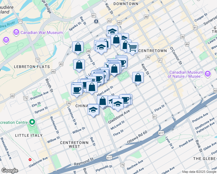 map of restaurants, bars, coffee shops, grocery stores, and more near 607 MacLaren Street in Ottawa