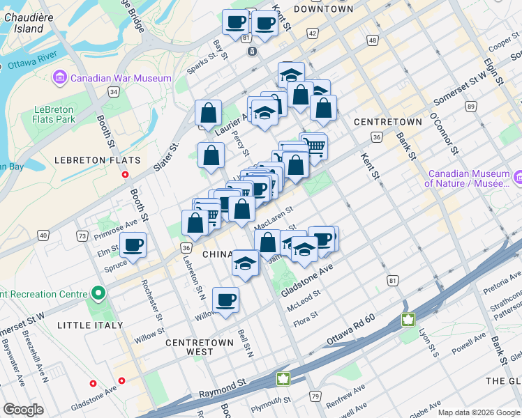 map of restaurants, bars, coffee shops, grocery stores, and more near 636 Somerset Street West in Ottawa