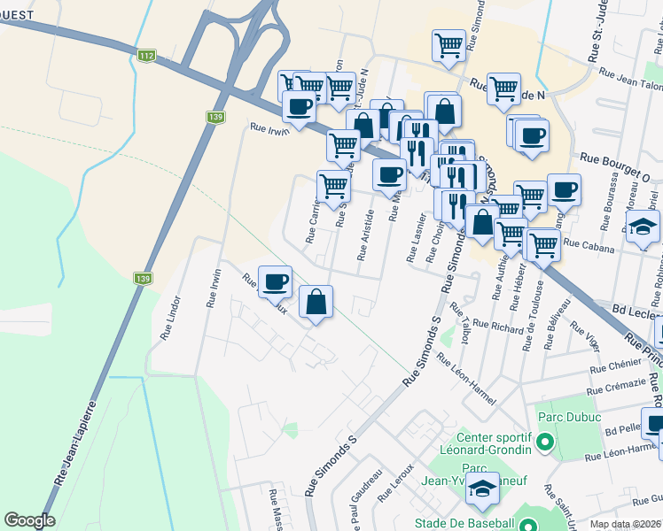 map of restaurants, bars, coffee shops, grocery stores, and more near 120 Rue Saint Jude Sud in Granby