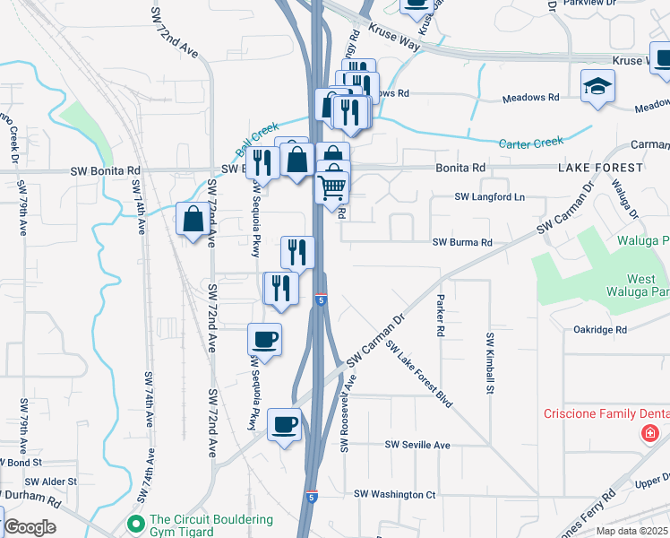 map of restaurants, bars, coffee shops, grocery stores, and more near 15573 Bangy Road in Lake Oswego