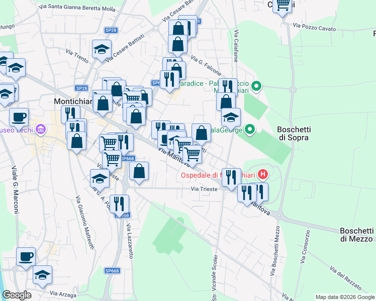 map of restaurants, bars, coffee shops, grocery stores, and more near 54 Via G. Ciotti in Montichiari