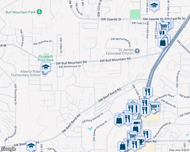 map of restaurants, bars, coffee shops, grocery stores, and more near 12255 Southwest Aspen Ridge Drive in Tigard
