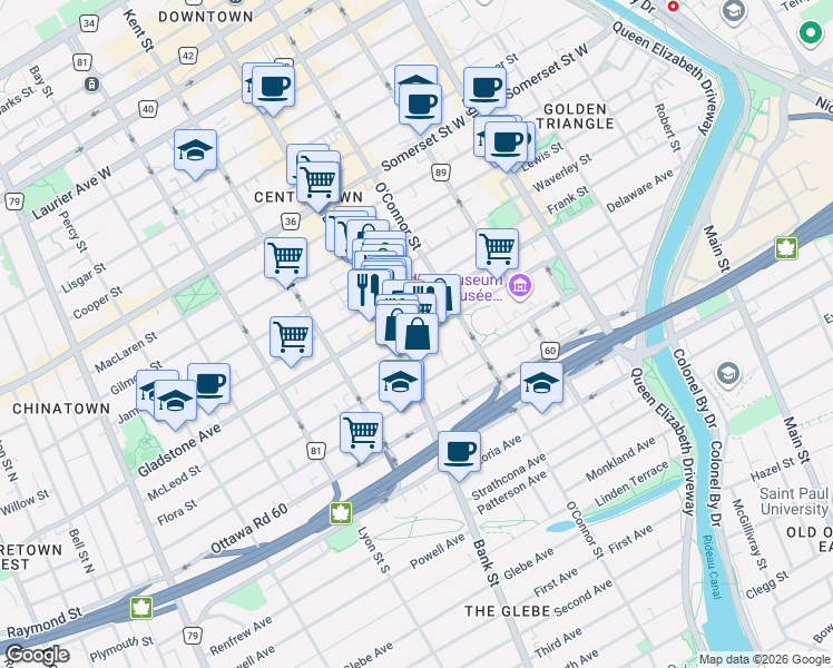 map of restaurants, bars, coffee shops, grocery stores, and more near 349 McLeod Street in Ottawa