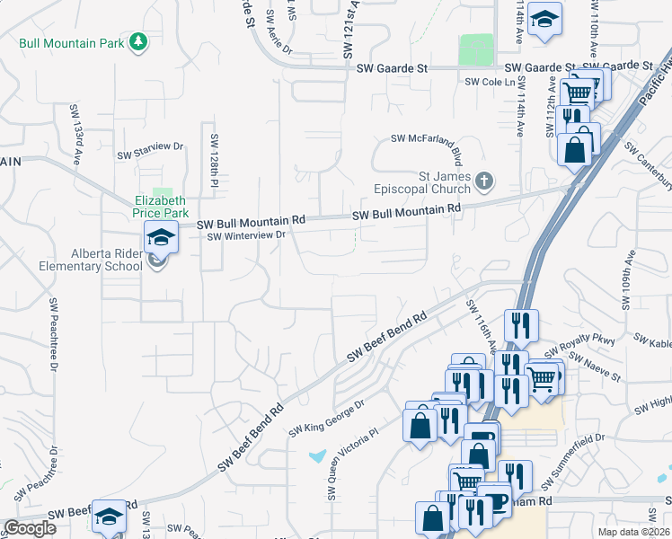 map of restaurants, bars, coffee shops, grocery stores, and more near 12255 Southwest Aspen Ridge Drive in Tigard