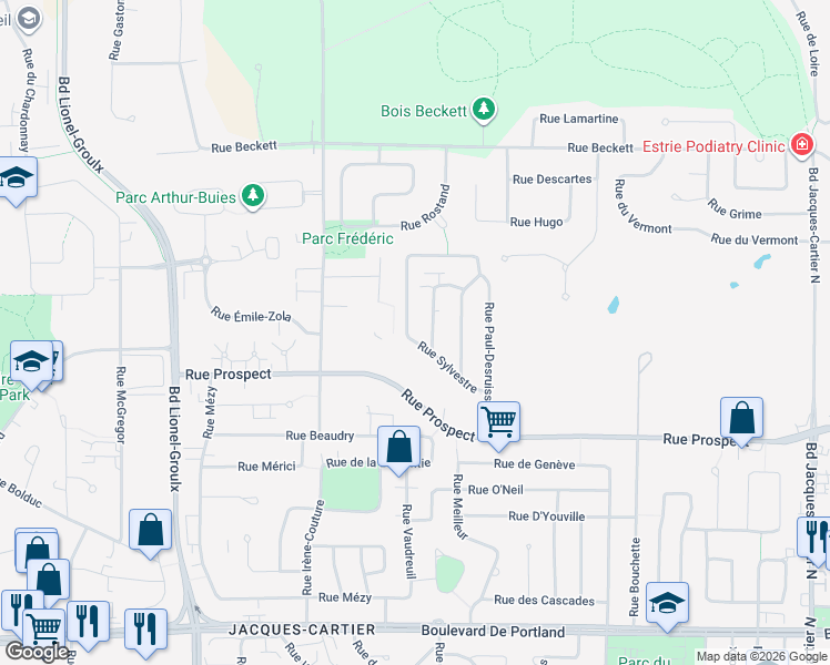 map of restaurants, bars, coffee shops, grocery stores, and more near 892 Rue Lionel-Racine in Sherbrooke