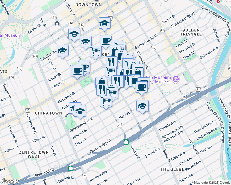 map of restaurants, bars, coffee shops, grocery stores, and more near 381 Kent Street in Ottawa