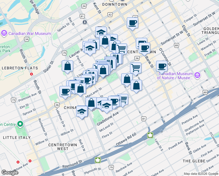 map of restaurants, bars, coffee shops, grocery stores, and more near 370 Bay Street in Ottawa