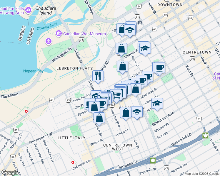 map of restaurants, bars, coffee shops, grocery stores, and more near 82 Empress Avenue in Ottawa