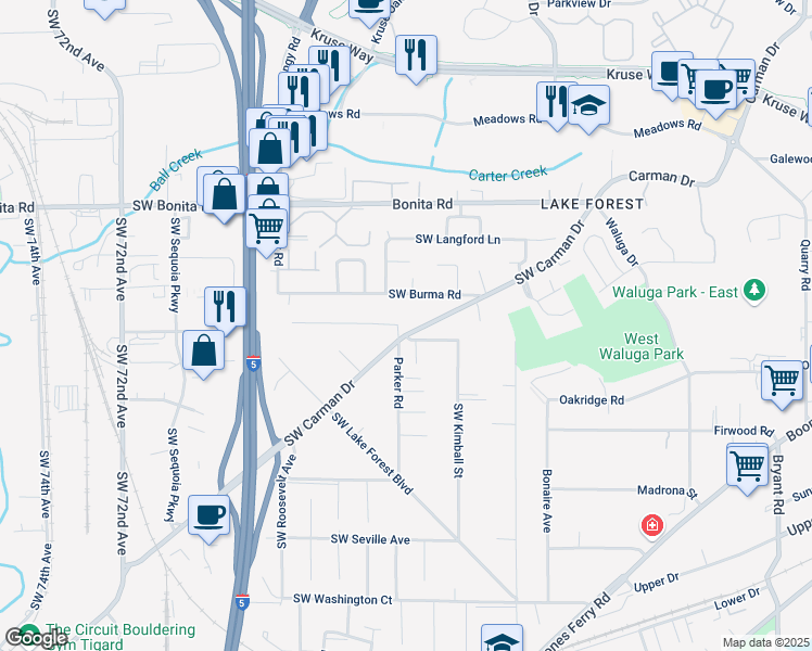 map of restaurants, bars, coffee shops, grocery stores, and more near 5911 Southwest Carman Drive in Lake Oswego