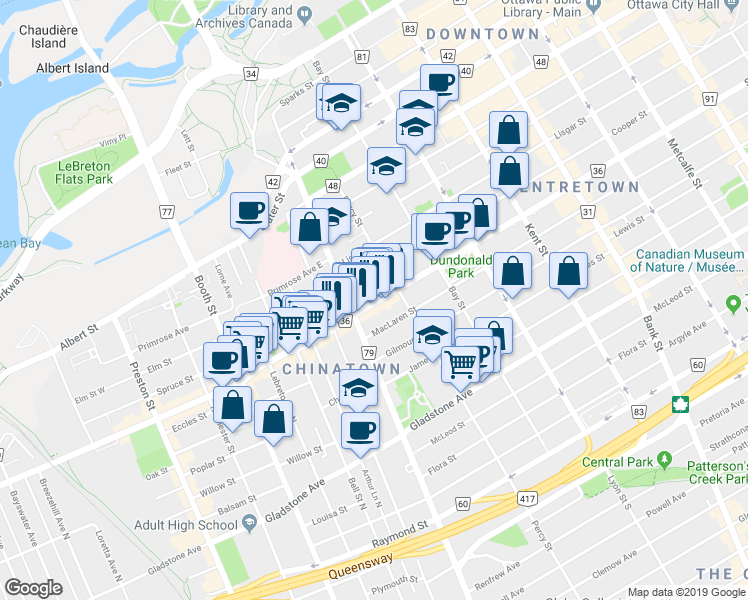 map of restaurants, bars, coffee shops, grocery stores, and more near 639 Somerset Street West in Ottawa