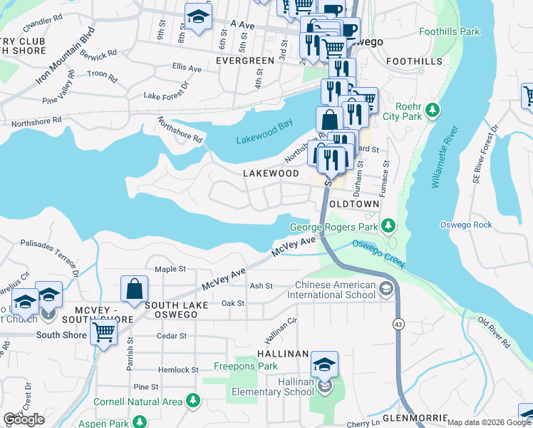 map of restaurants, bars, coffee shops, grocery stores, and more near 425 Kenwood Road in Lake Oswego