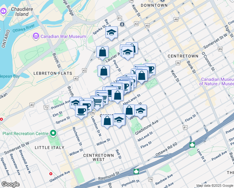 map of restaurants, bars, coffee shops, grocery stores, and more near 277 Bronson Avenue in Ottawa