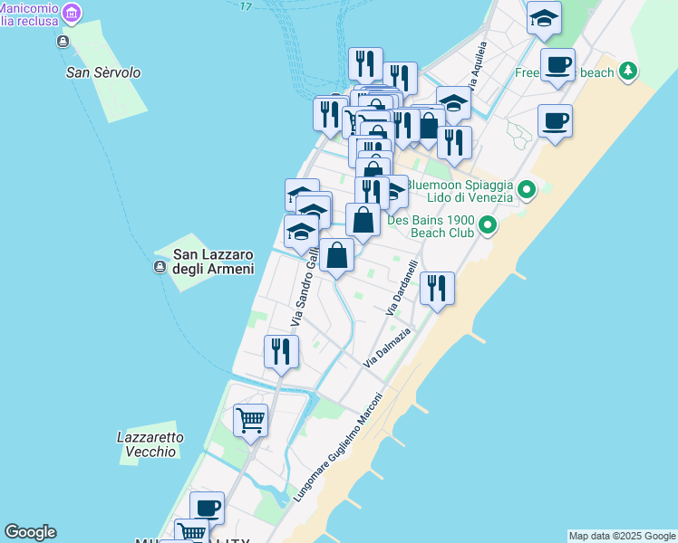 map of restaurants, bars, coffee shops, grocery stores, and more near 29 Via Lepanto in Lido