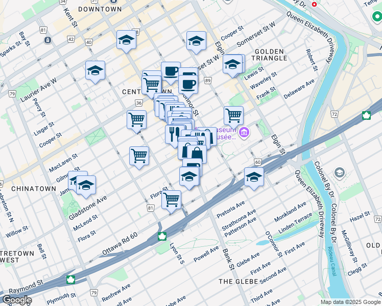 map of restaurants, bars, coffee shops, grocery stores, and more near 403 Bank Street in Ottawa