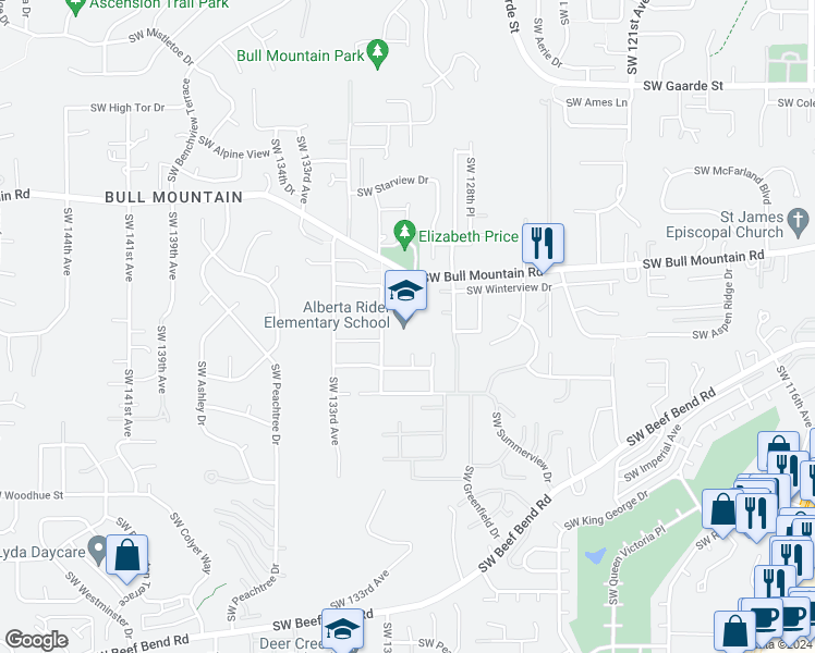 map of restaurants, bars, coffee shops, grocery stores, and more near 14850 Southwest 132nd Terrace in Tigard