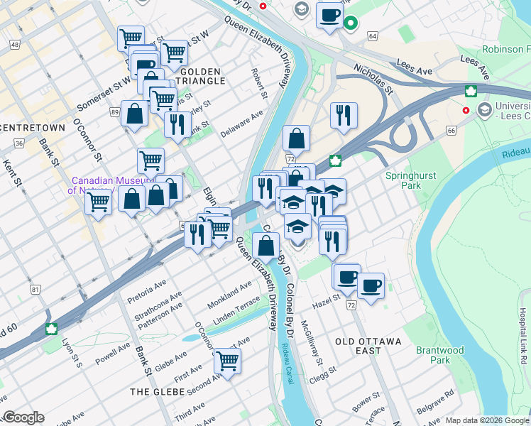 map of restaurants, bars, coffee shops, grocery stores, and more near 8 Hawthorne Avenue in Ottawa
