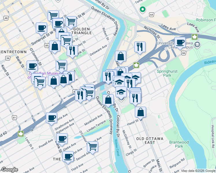 map of restaurants, bars, coffee shops, grocery stores, and more near 221 Echo Drive in Ottawa