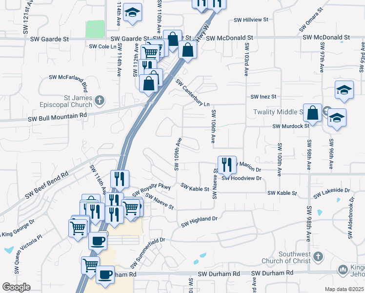 map of restaurants, bars, coffee shops, grocery stores, and more near 14986 Southwest 109th Avenue in Tigard