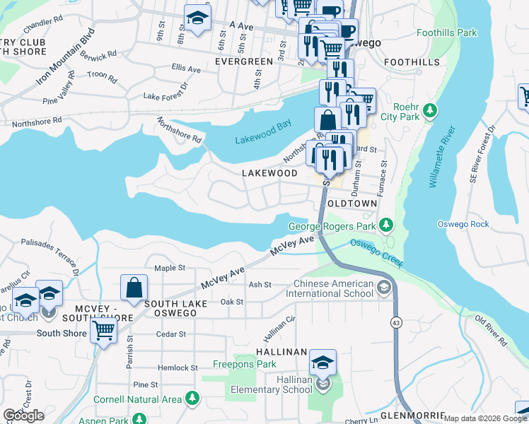 map of restaurants, bars, coffee shops, grocery stores, and more near 425 Kenwood Road in Lake Oswego