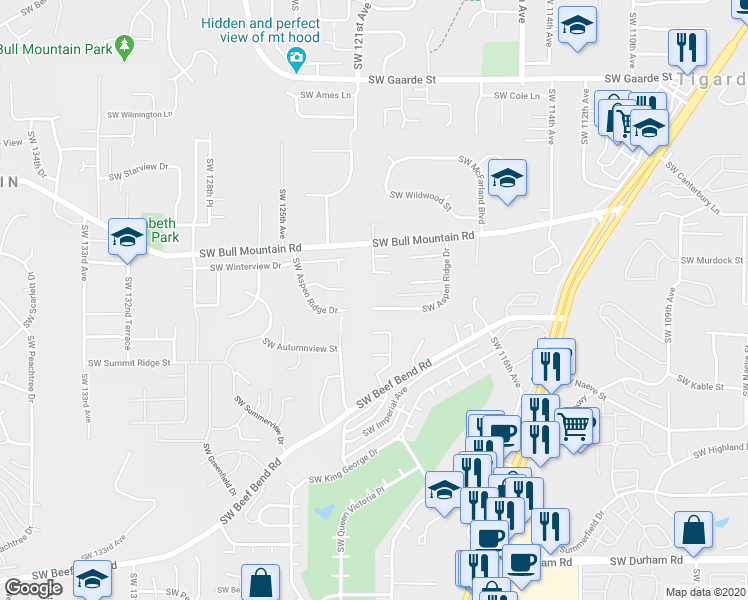 map of restaurants, bars, coffee shops, grocery stores, and more near 12070 Southwest Stringer Lane in Tigard