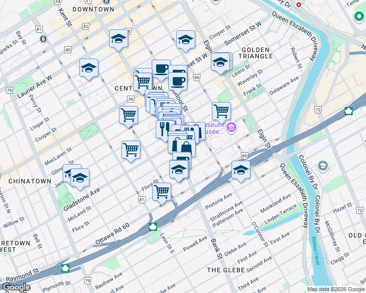 map of restaurants, bars, coffee shops, grocery stores, and more near 403 Bank Street in Ottawa