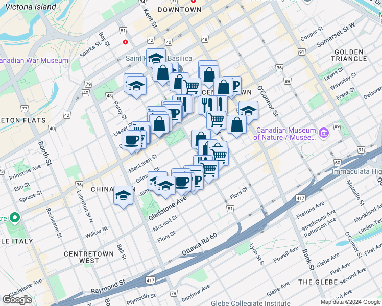 map of restaurants, bars, coffee shops, grocery stores, and more near in Ottawa